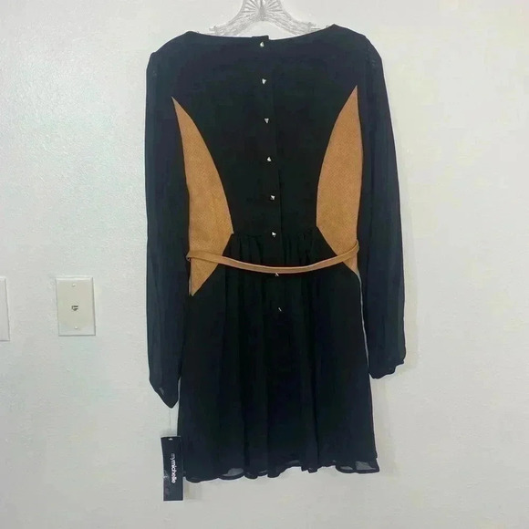 My Michelle Black Sheer Long sleeve Belted Button Back Detail Dress - Picture 5 of 9